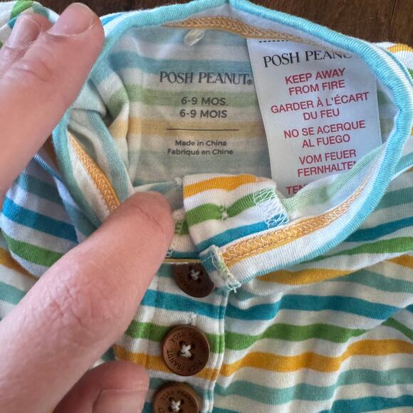 Posh Peanut Boys 6-9 Month Romper Outfit Bamboo Henley Blue Yellow Striped - Picture 4 of 6